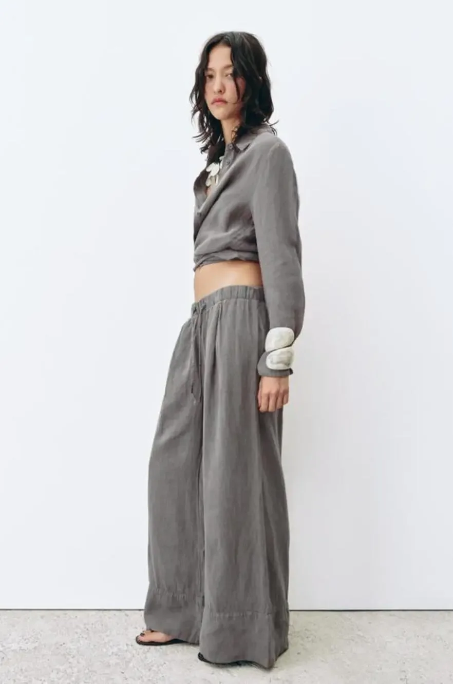 Zara Pure Linen Wide Leg Palazzo Pants Taupe Gray Size S